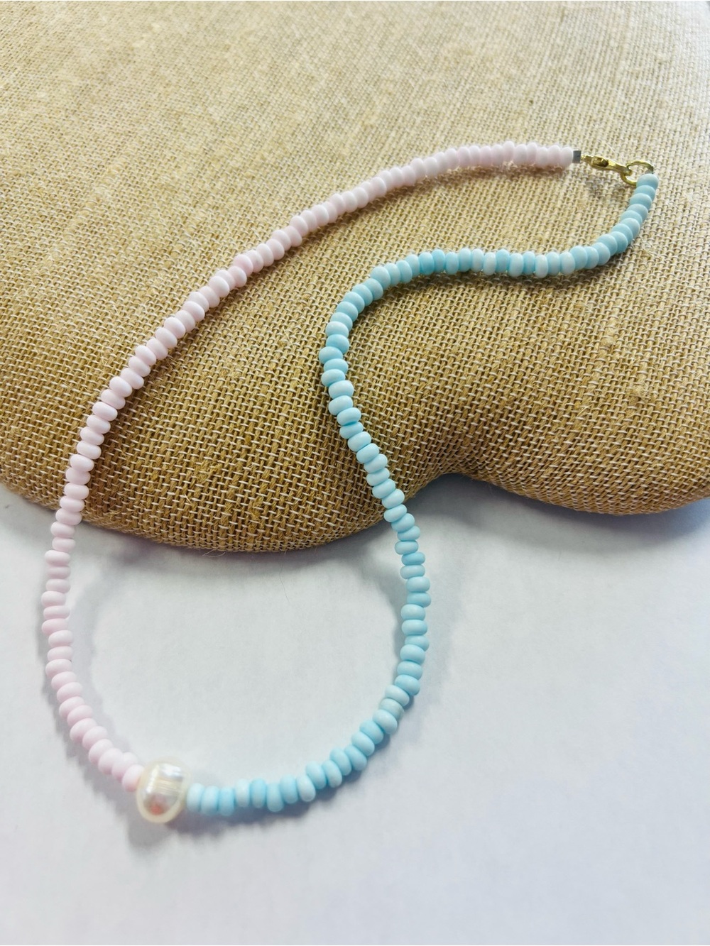 Hand Crafted Pink and Blue Beaded Necklace with Pearl